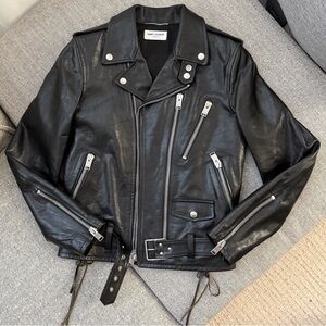 Saint Laurent Black Leather Cropped Moto Jacket